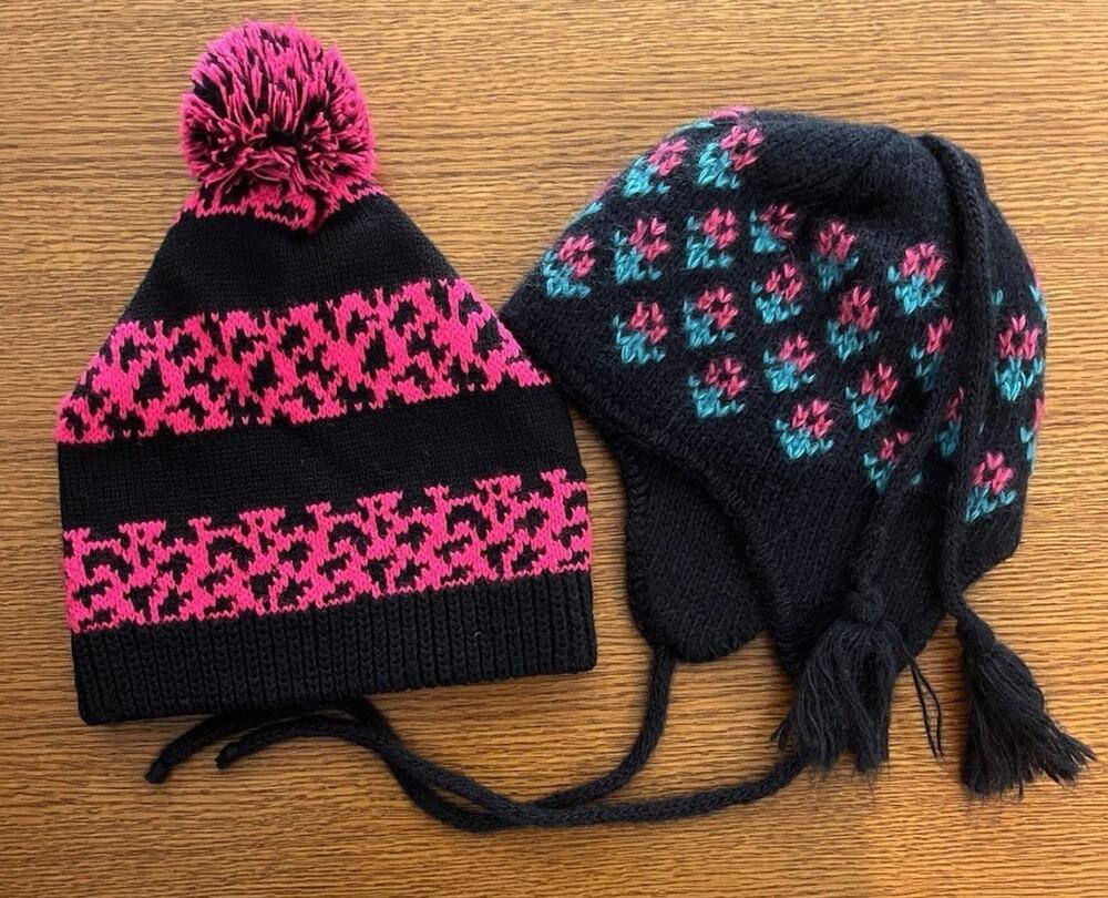 Vintage Penthouse Knits Ski Hats Lot 2 USA Wool Pink Black Pom Tassel Retro